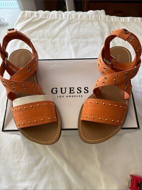 NWOT Guess Cevie Orange Croc-Embossed Studded Ankle-Strap Gladiator Sandals